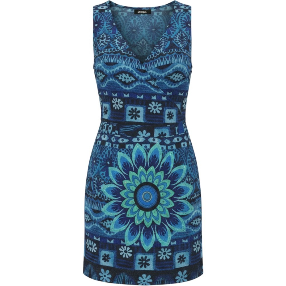 Whimsigoth Desigual Indigo Mandala Geometric Bodycon Wrap Dress Womens Size M